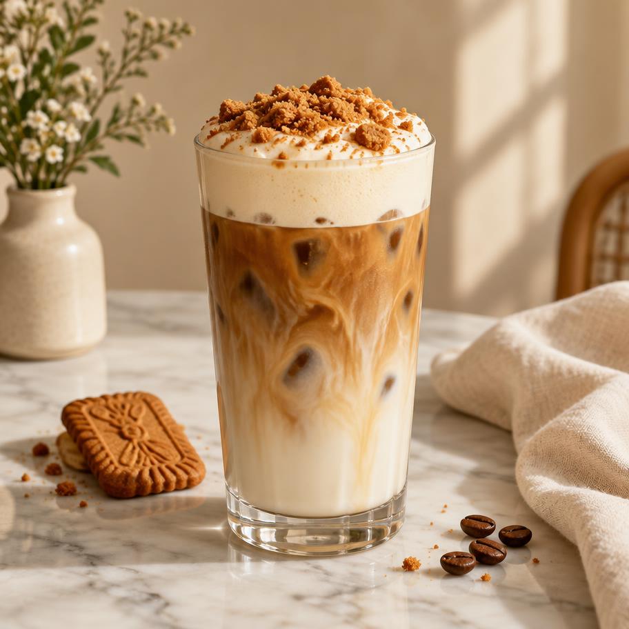 Illustrative iced Biscoff latte topped with sweet cream cold foam and Biscoff cookie crumbs