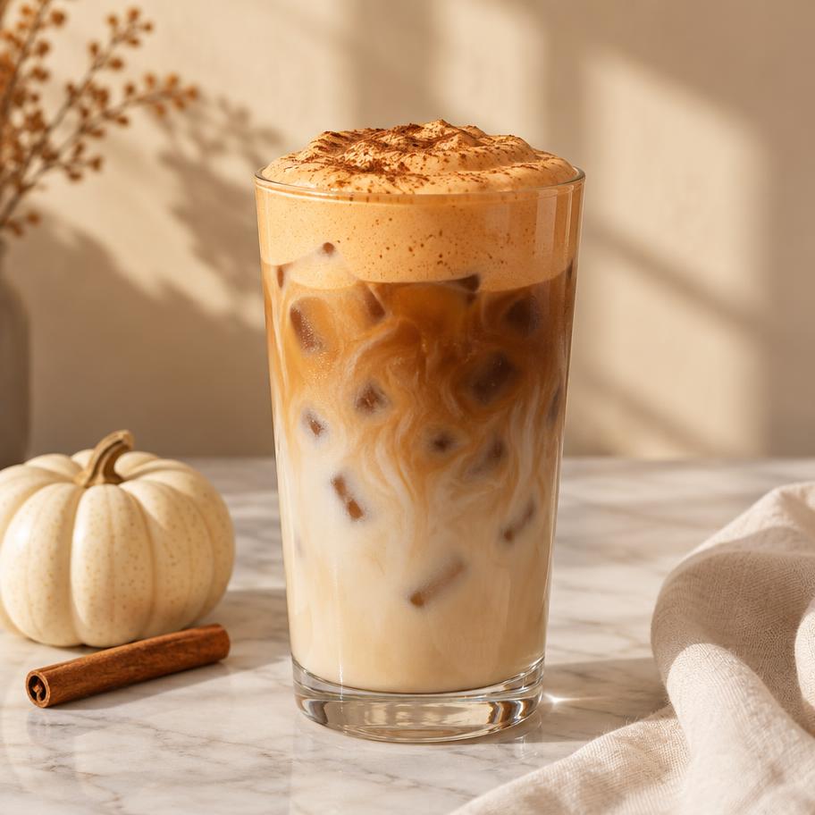 Illustrative iced pumpkin spice latte topped with pumpkin spice cold foam and a dusting of pumpkin spice