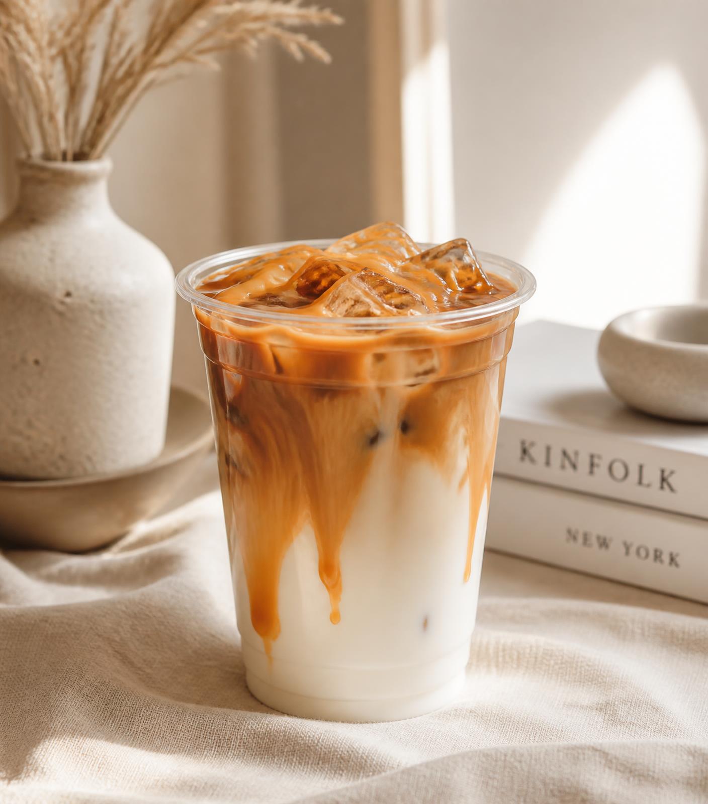 Iced caramel latte handcrafted in Eastridge, McKinney, Texas
